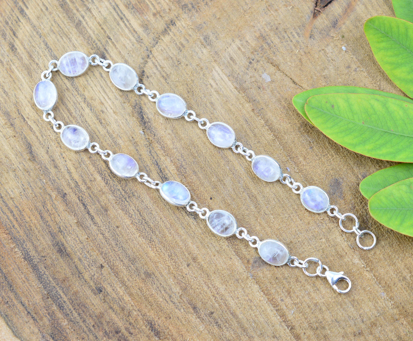 925 SOLID STERLING SILVER WHITE RAINBOW MOONSTONE HANDMADE BRACELET-8 .5 INCH