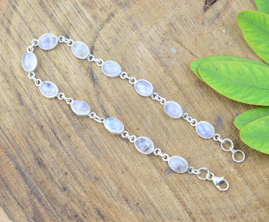 925 SOLID STERLING SILVER WHITE RAINBOW MOONSTONE HANDMADE BRACELET-8 .5 INCH