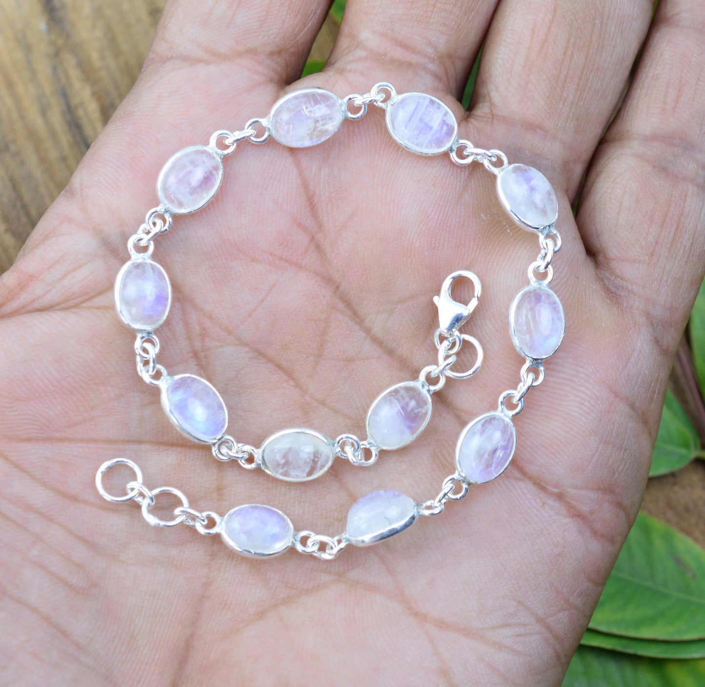 925 SOLID STERLING SILVER WHITE RAINBOW MOONSTONE HANDMADE BRACELET-8 .5 INCH