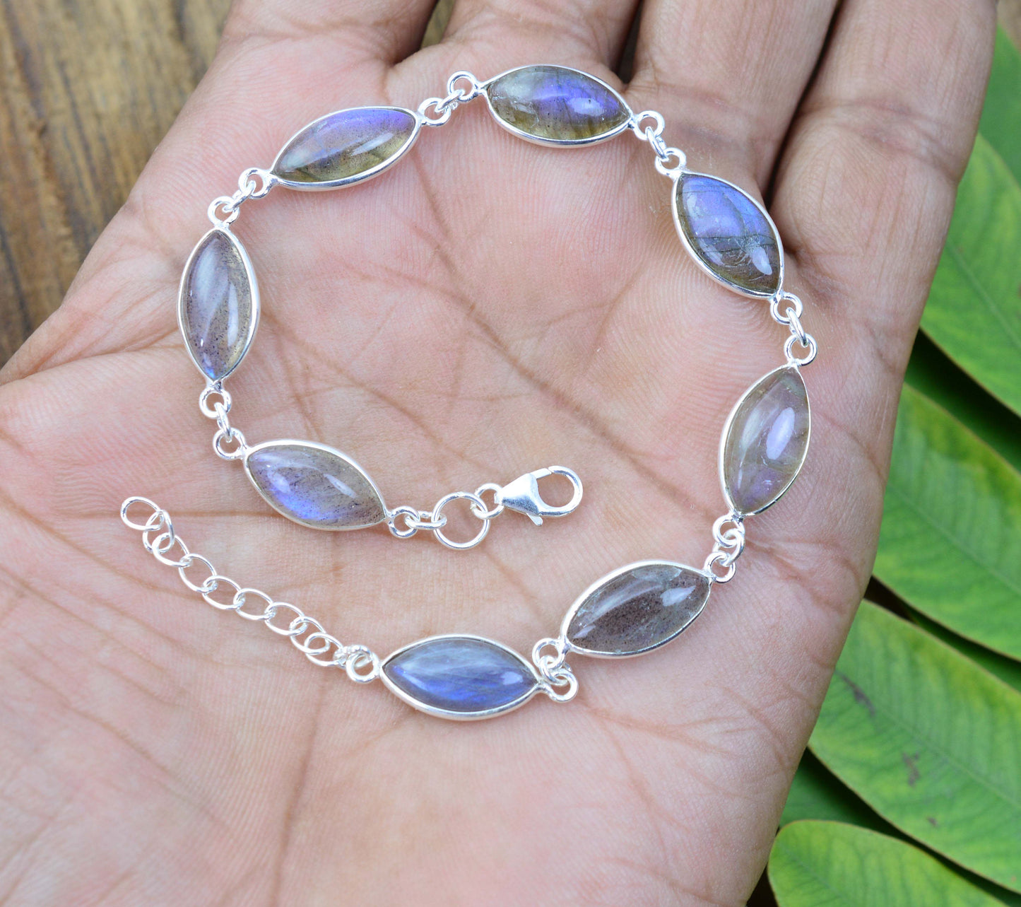 925 SOLID STERLING SILVER LABRADORITE HANDMADE BRACELET - 8.6 INCH
