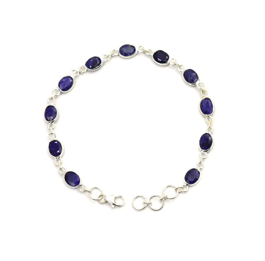925 SOLID STERLING SILVER CUT Simulated Sapphire HANDMADE BRACELET -8 INCH