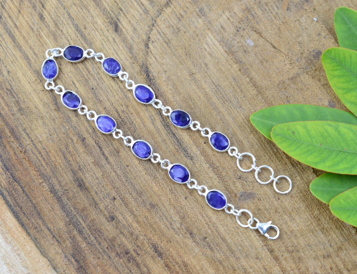 925 SOLID STERLING SILVER CUT Simulated Sapphire HANDMADE BRACELET -8 INCH