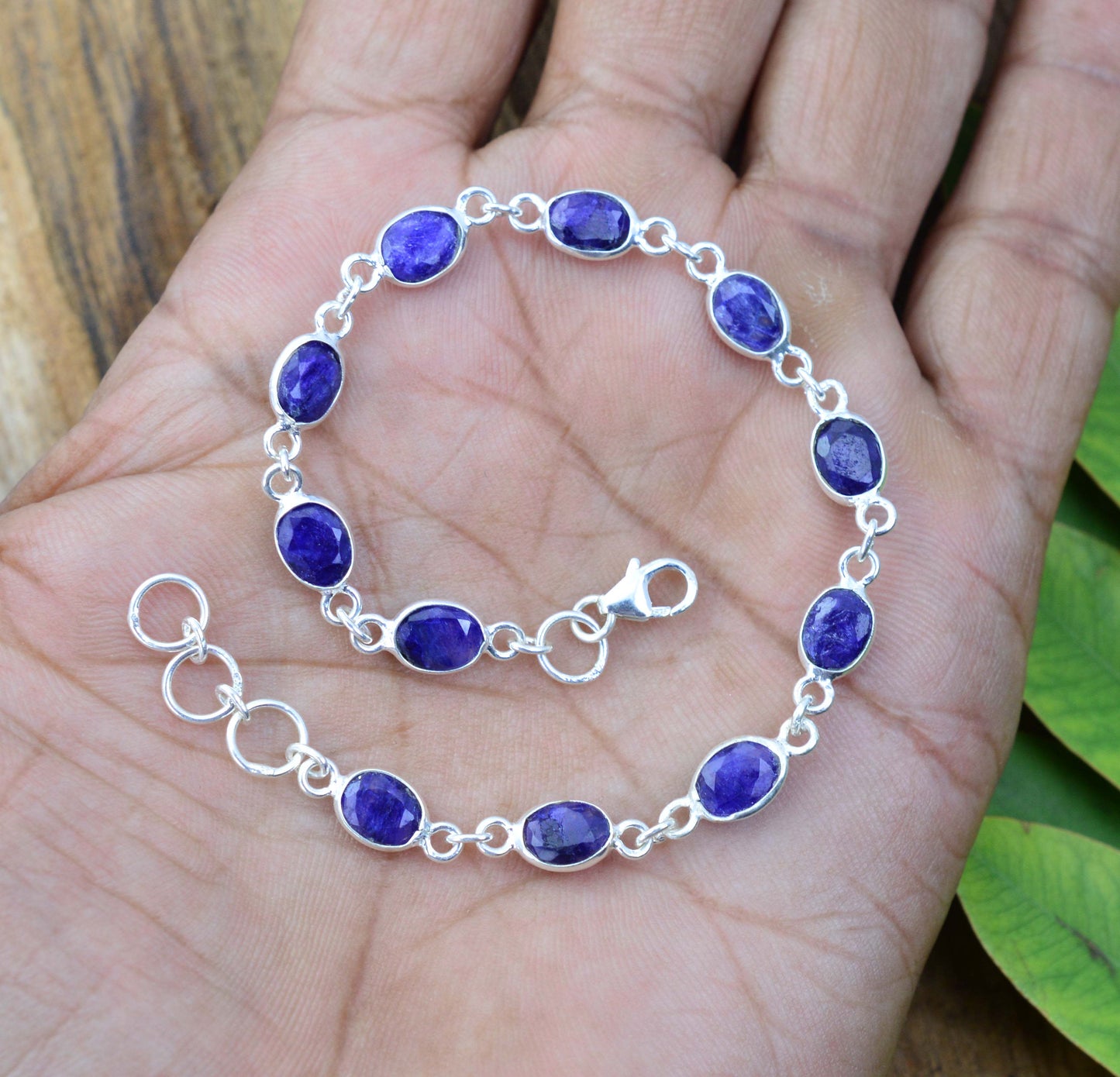 925 SOLID STERLING SILVER CUT Simulated Sapphire HANDMADE BRACELET -8 INCH