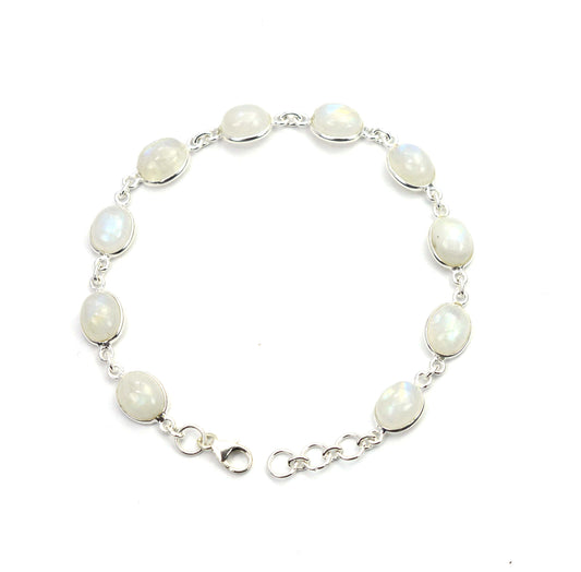 925 SOLID STERLING SILVER WHITE RAINBOW MOONSTONE HANDMADE BRACELET -8 INCH