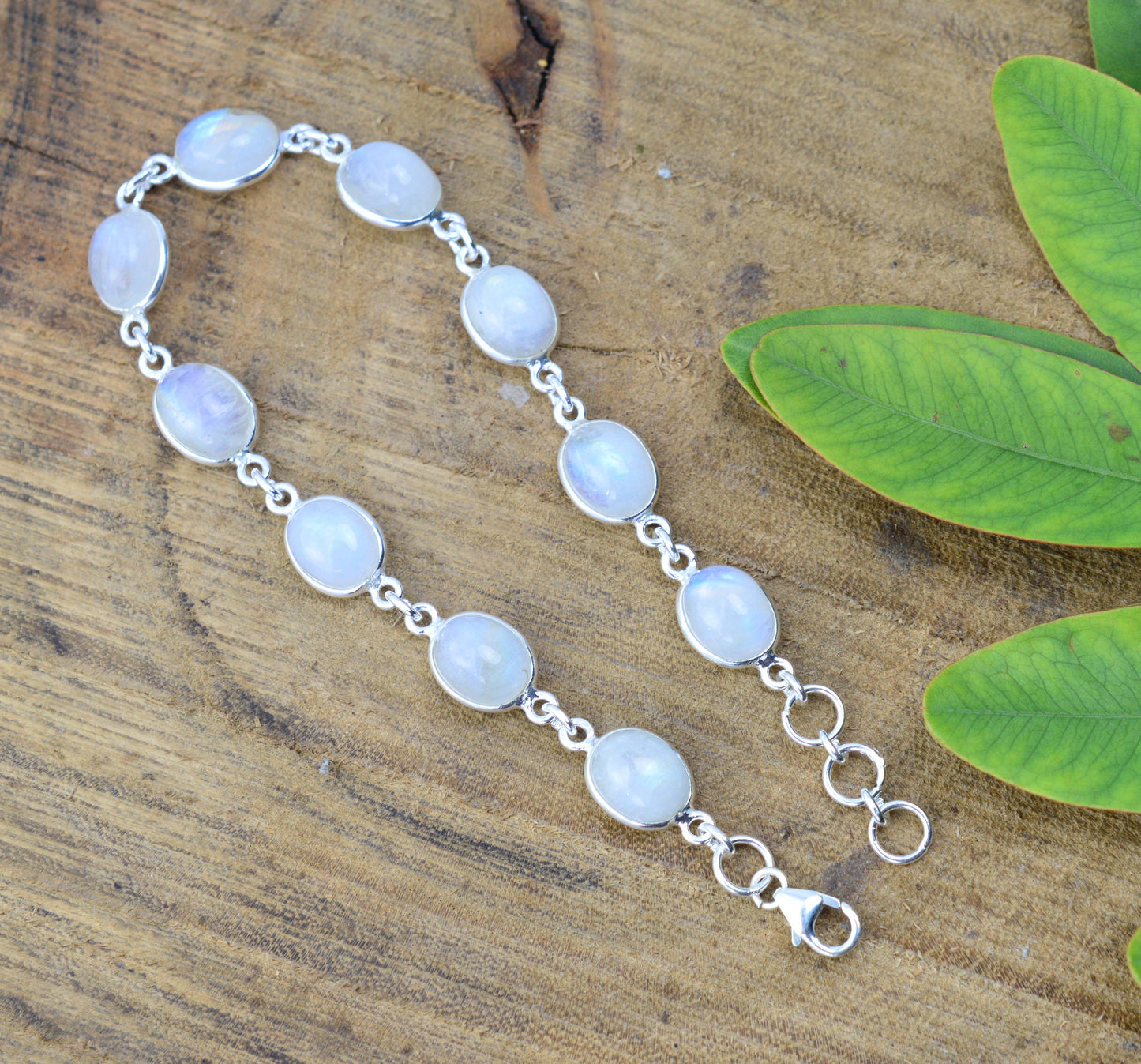 925 SOLID STERLING SILVER WHITE RAINBOW MOONSTONE HANDMADE BRACELET -8 INCH