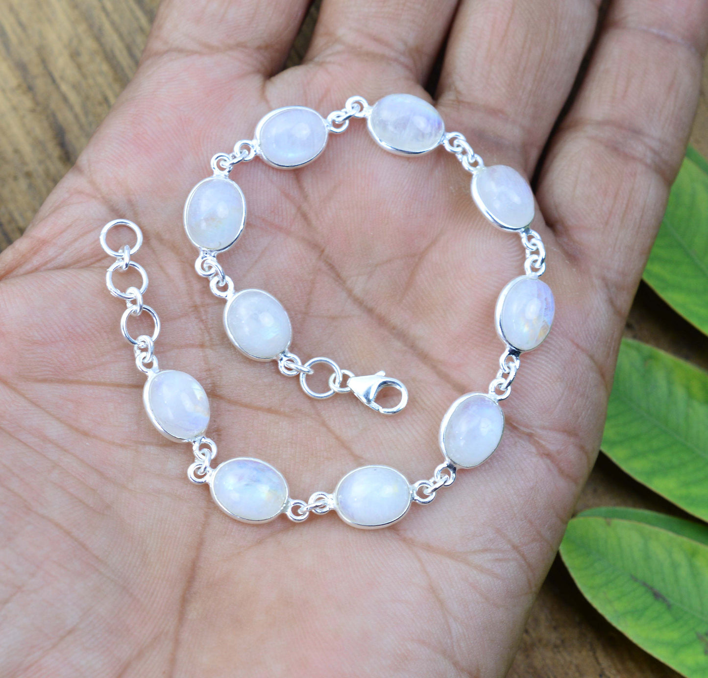 925 SOLID STERLING SILVER WHITE RAINBOW MOONSTONE HANDMADE BRACELET -8 INCH