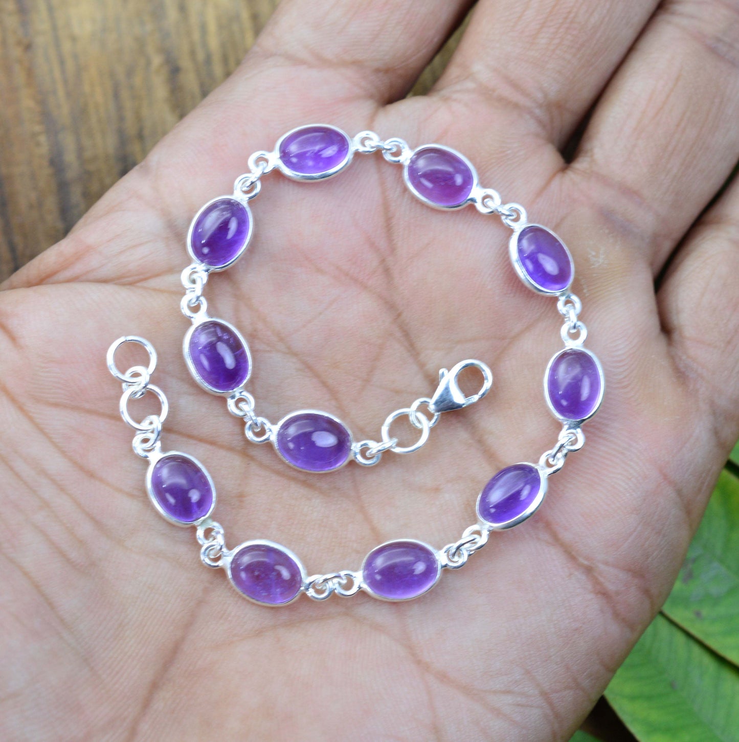 925 SOLID STERLING SILVER PURPLE AMETHYST HANDMADE BRACELET - 8 INCH