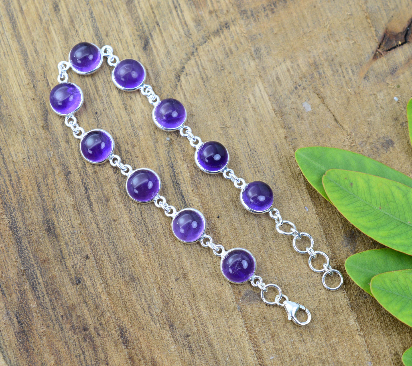 925 SOLID STERLING SILVER PURPLE AMETHYST HANDMADE BRACELET - 7.8 INCH