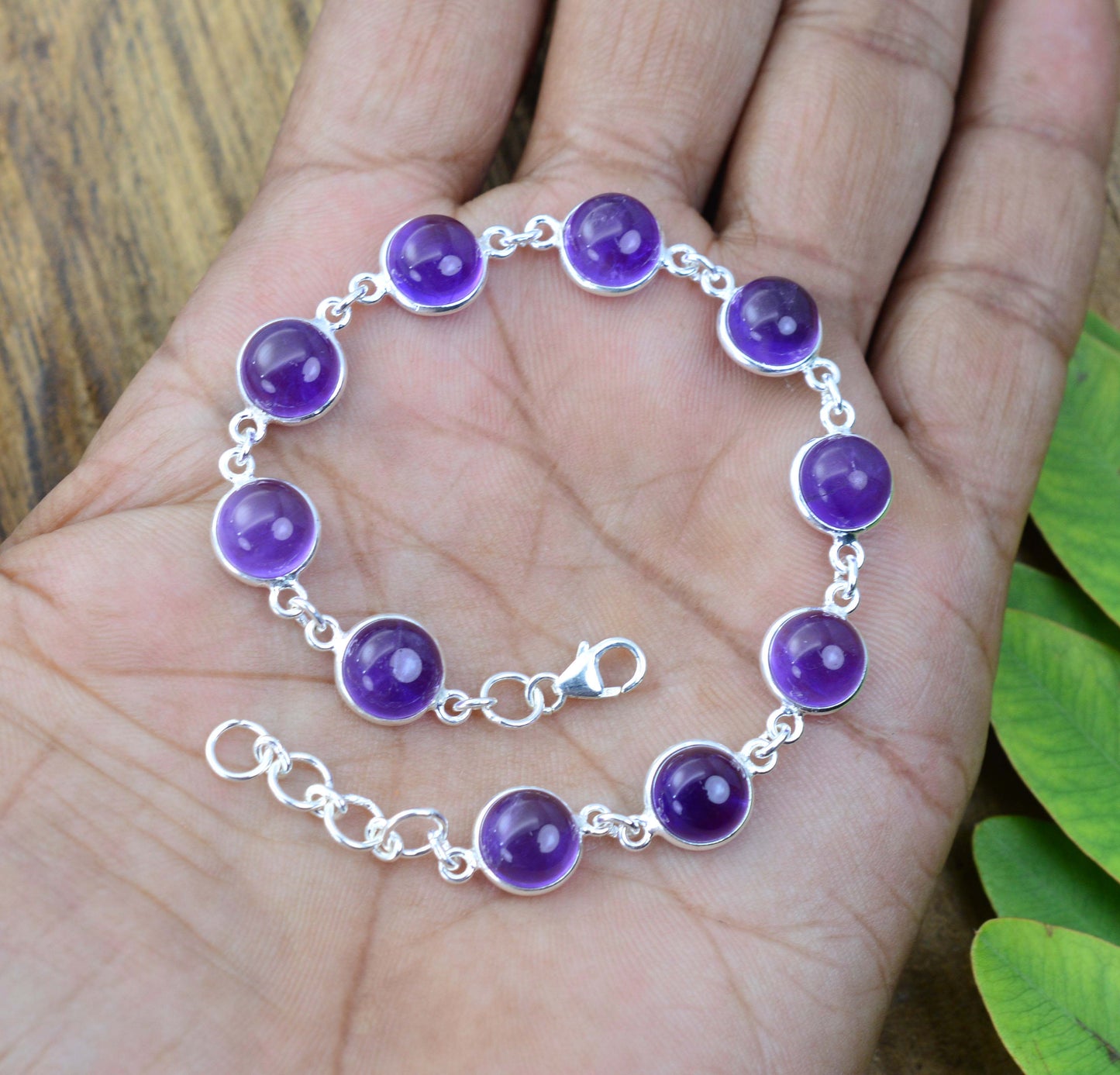925 SOLID STERLING SILVER PURPLE AMETHYST HANDMADE BRACELET - 7.8 INCH