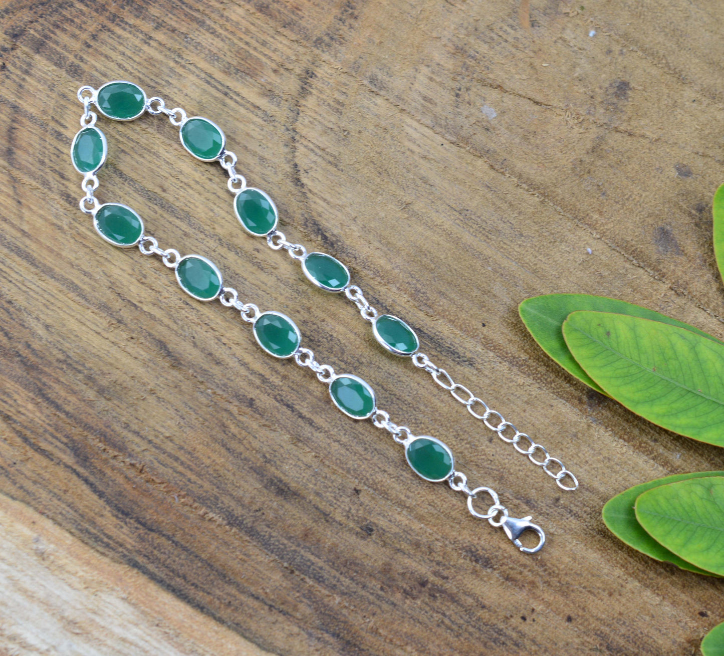 925 SOLID STERLING SILVER CUT Simulated Emerald HANDMADE BRACELET - 8.5 INCH