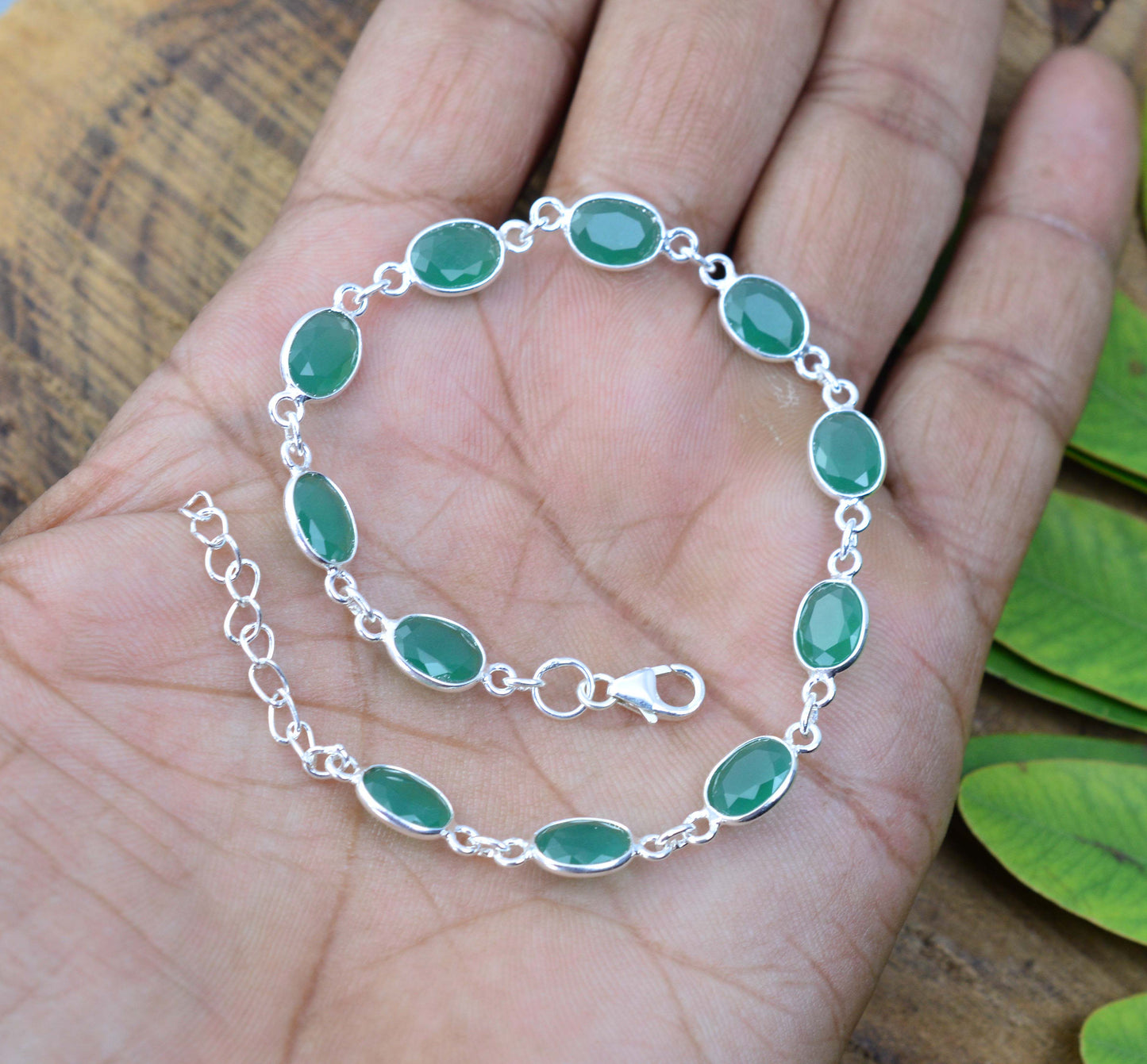 925 SOLID STERLING SILVER CUT Simulated Emerald HANDMADE BRACELET - 8.5 INCH