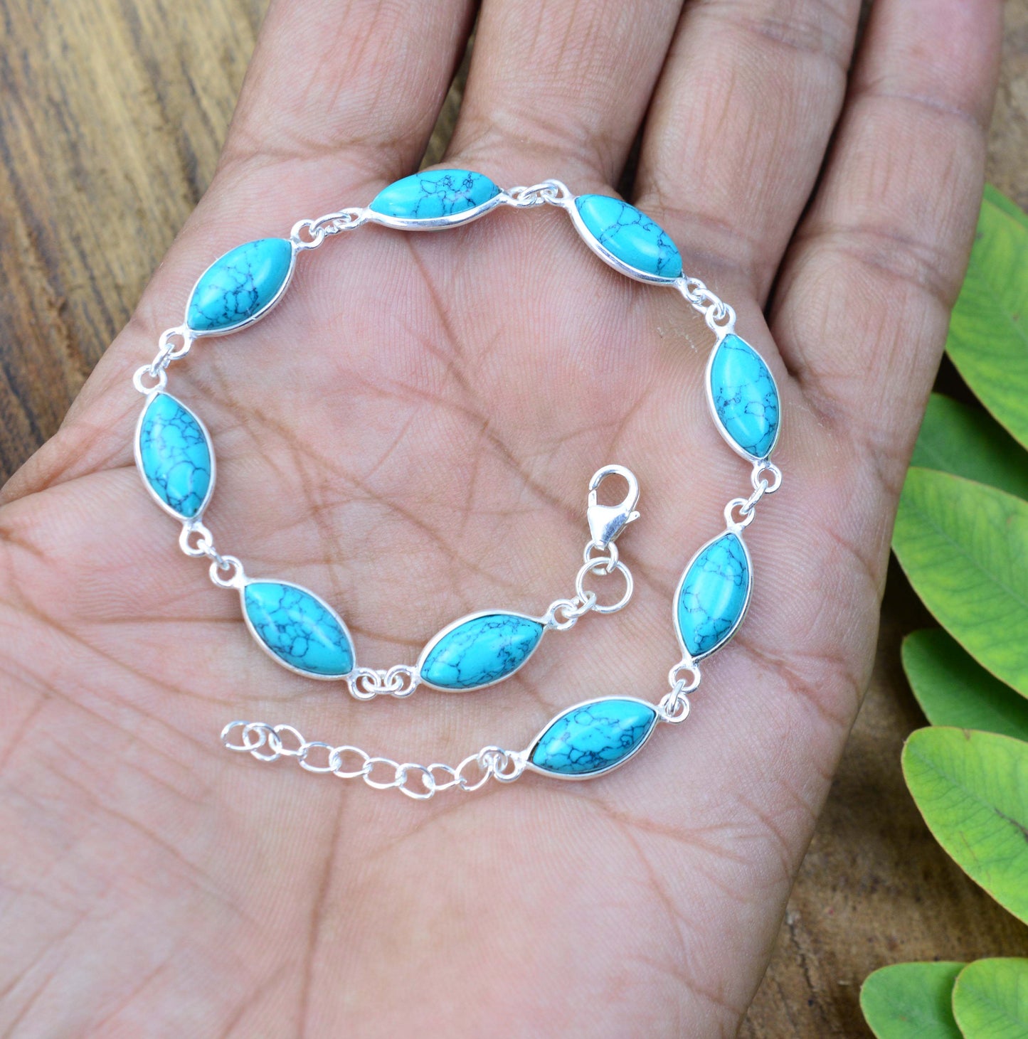 925 SOLID STERLING SILVER BLUE TURQUOISE HANDMADE BRACELET - 8.7 INCH