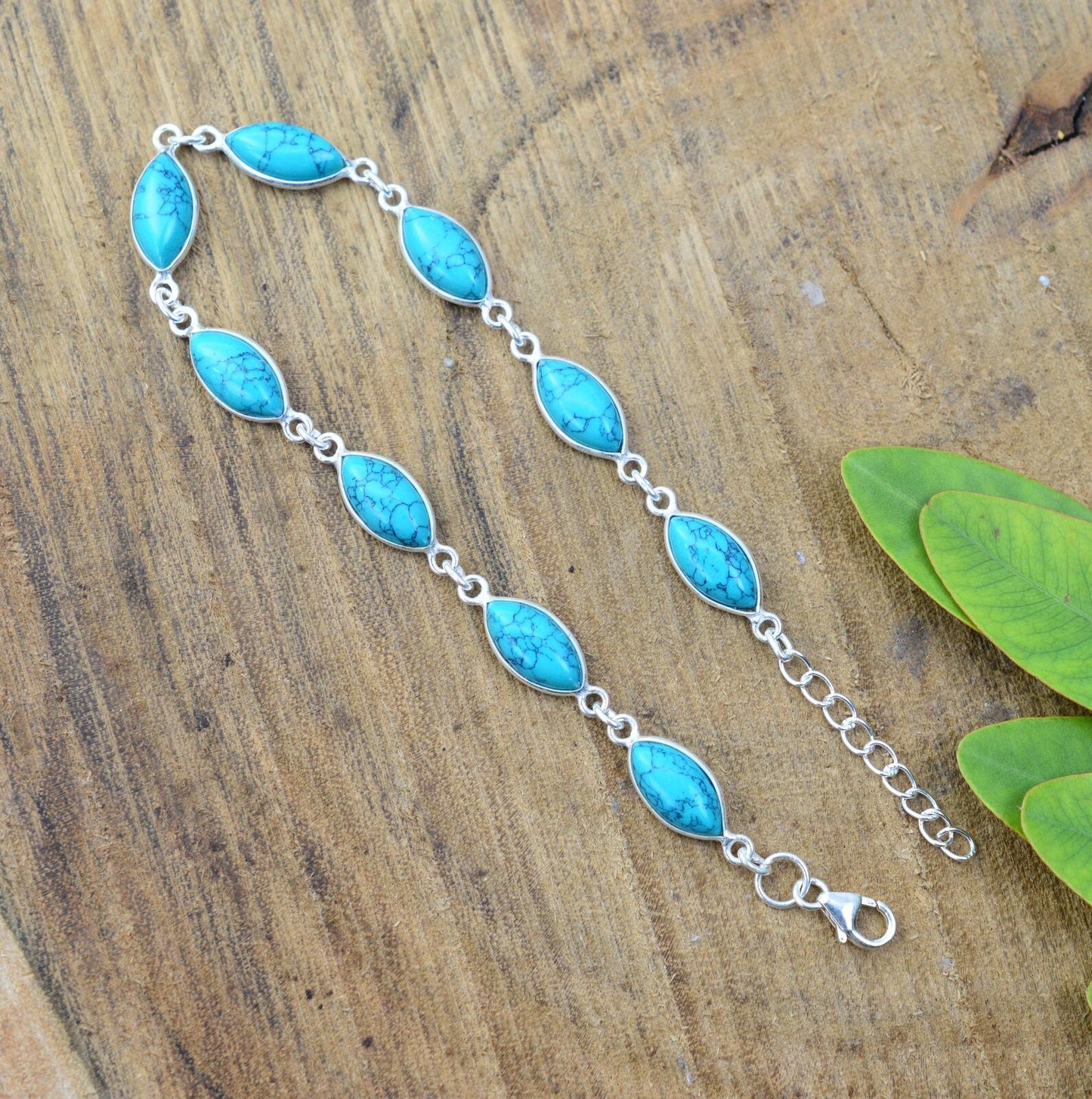 925 SOLID STERLING SILVER BLUE TURQUOISE HANDMADE BRACELET - 8.7 INCH