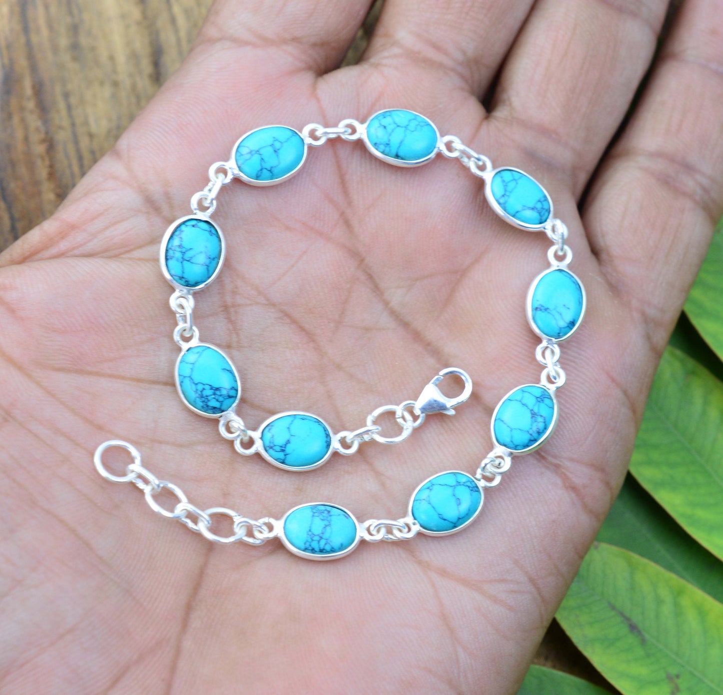 925 SOLID STERLING SILVER BLUE TURQUOISE HANDMADE BRACELET - 8.3 INCH