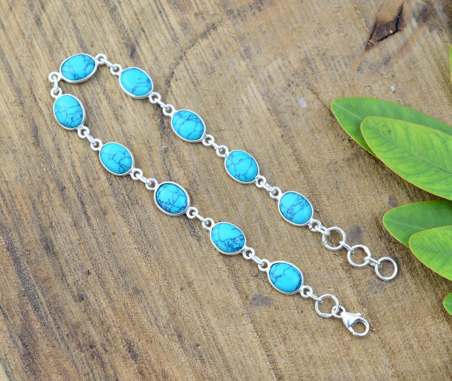 925 SOLID STERLING SILVER BLUE TURQUOISE HANDMADE BRACELET - 8.3 INCH