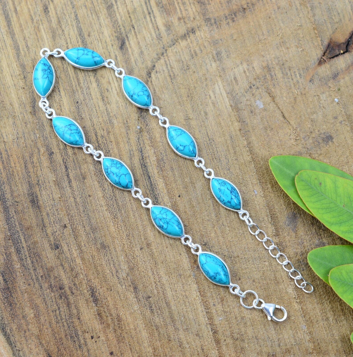 925 SOLID STERLING SILVER BLUE TURQUOISE HANDMADE BRACELET -9 INCH