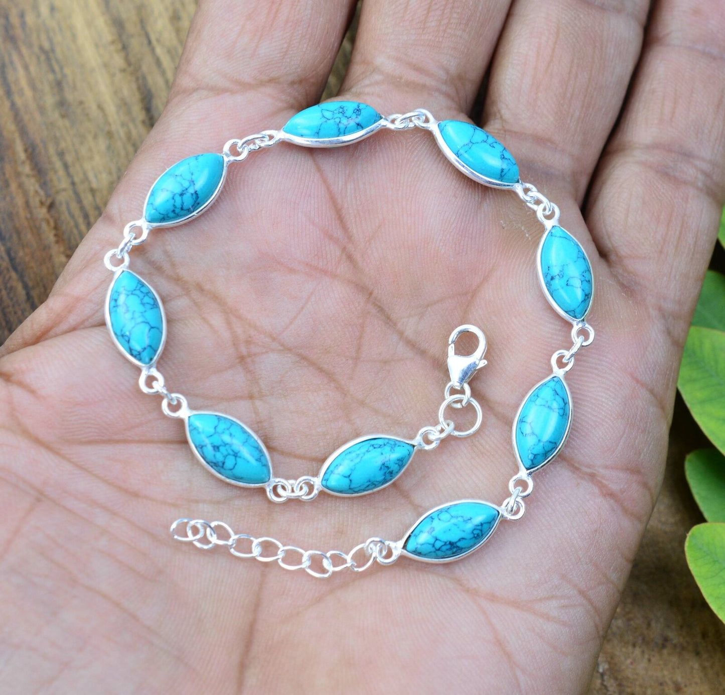 925 SOLID STERLING SILVER BLUE TURQUOISE HANDMADE BRACELET -9 INCH