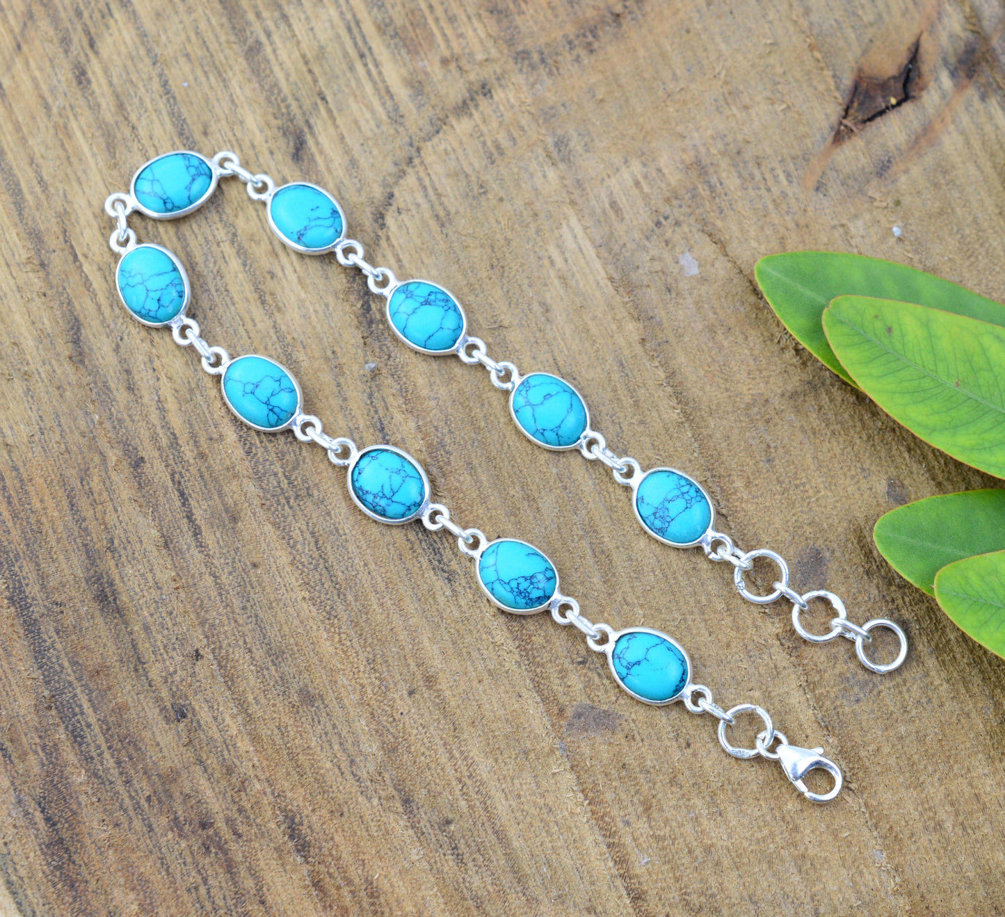 925 SOLID STERLING SILVER BLUE TURQUOISE HANDMADE BRACELET -8.5 INCH