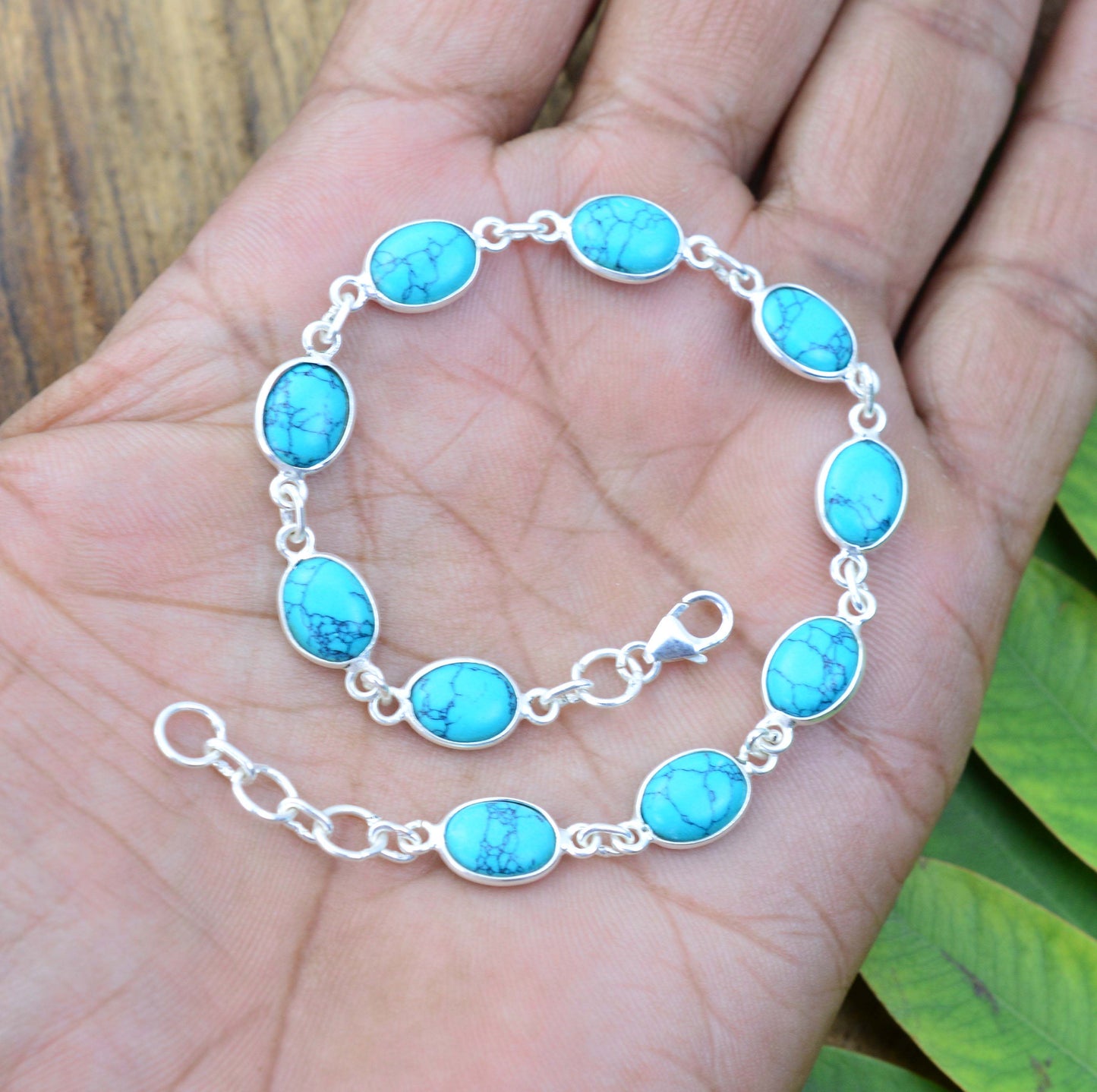 925 SOLID STERLING SILVER BLUE TURQUOISE HANDMADE BRACELET -8.5 INCH