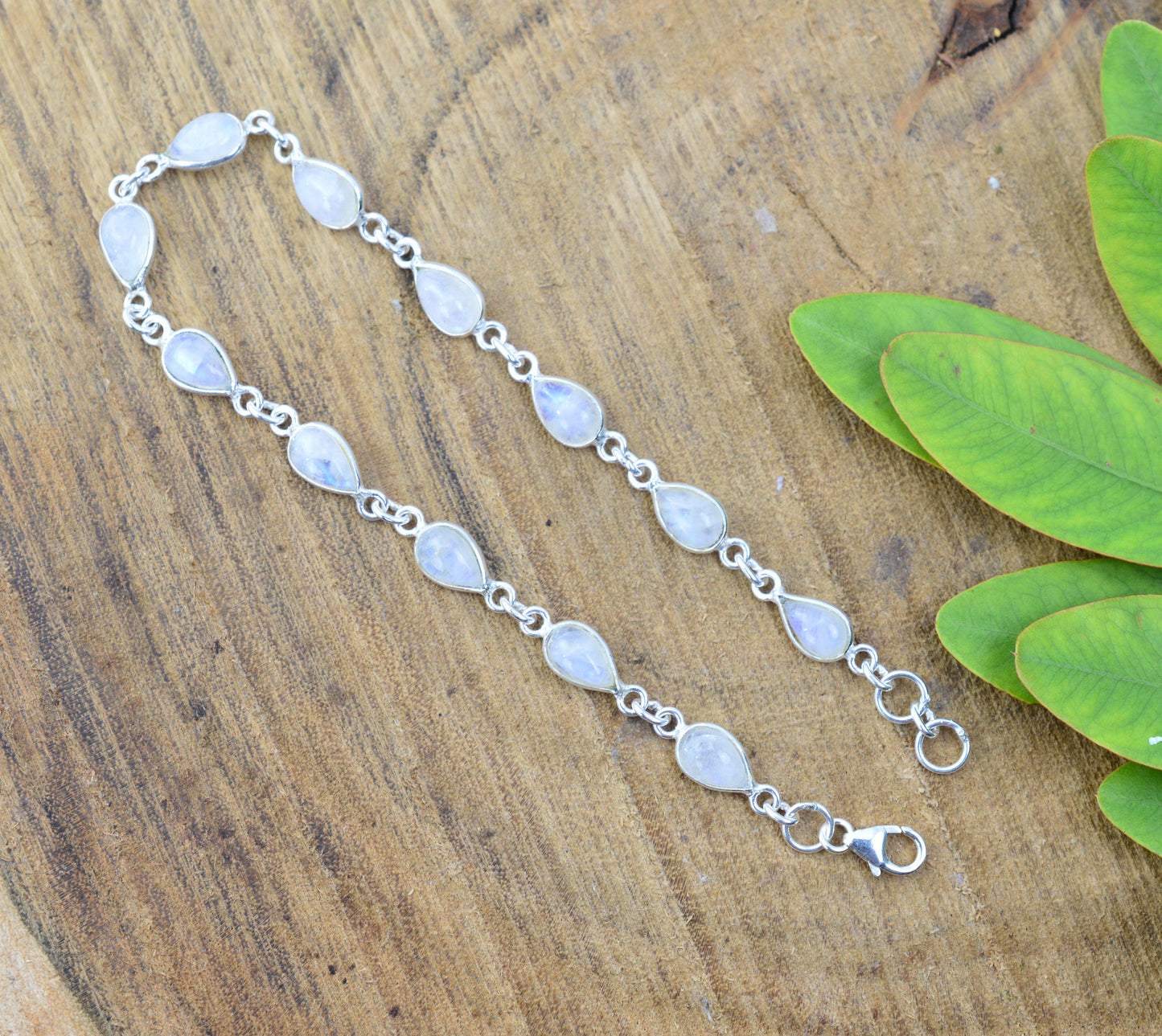 925 SOLID STERLING SILVER WHITE RAINBOW MOONSTONE HANDMADE BRACELET-8.7 INCH