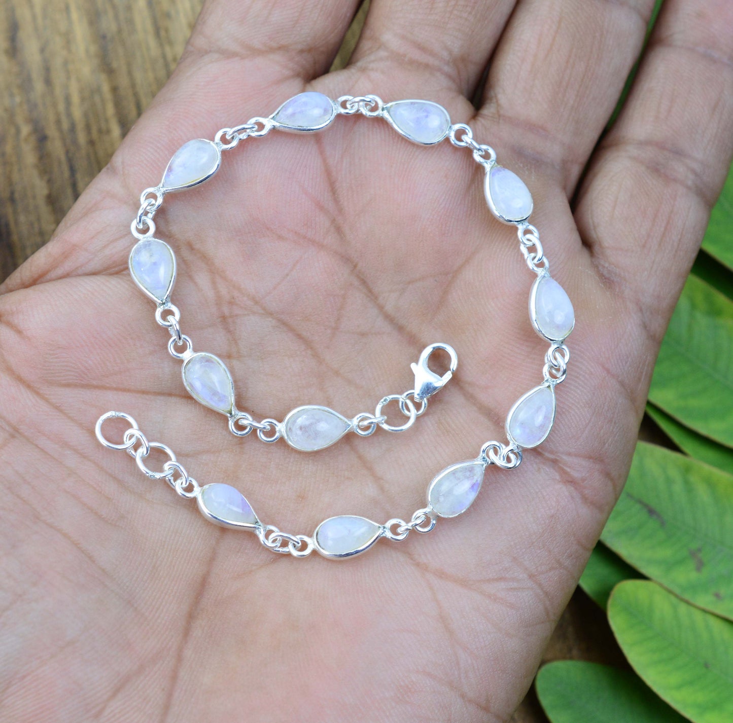 925 SOLID STERLING SILVER WHITE RAINBOW MOONSTONE HANDMADE BRACELET-8.7 INCH
