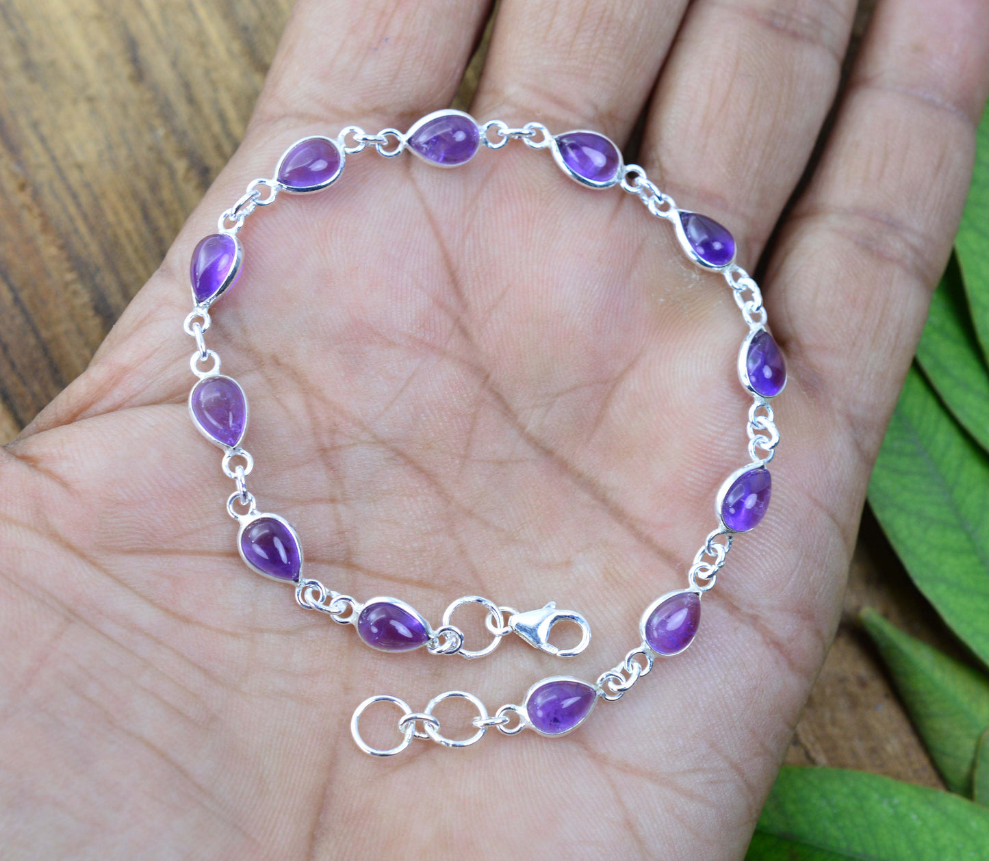 925 SOLID STERLING SILVER PURPLE AMETHYST HANDMADE BRACELET - 8.2  INCH
