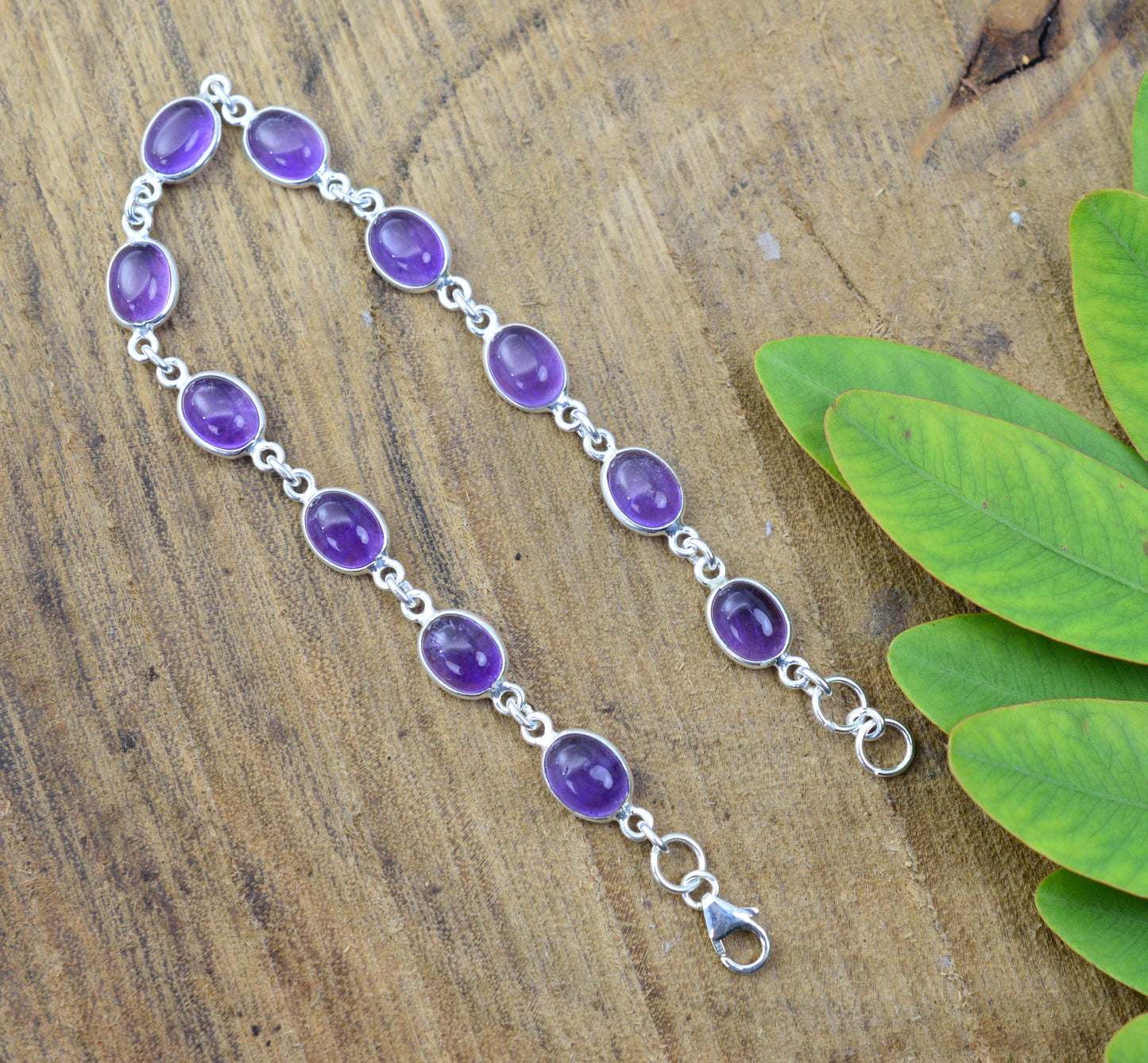 925 SOLID STERLING SILVER PURPLE AMETHYST HANDMADE BRACELET - 7.8 INCH