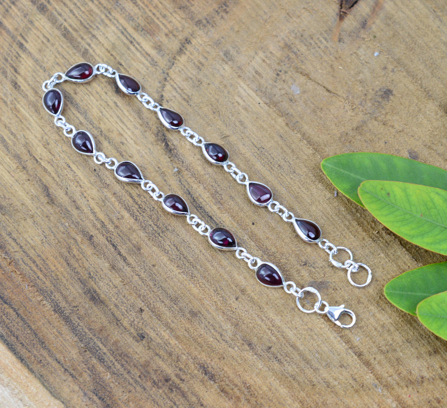 925 SOLID STERLING SILVER Red GARNET HANDMADE BRACELET -8.1 INCH