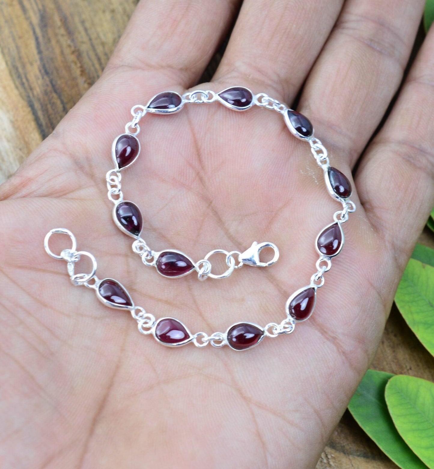 925 SOLID STERLING SILVER Red GARNET HANDMADE BRACELET -8.1 INCH