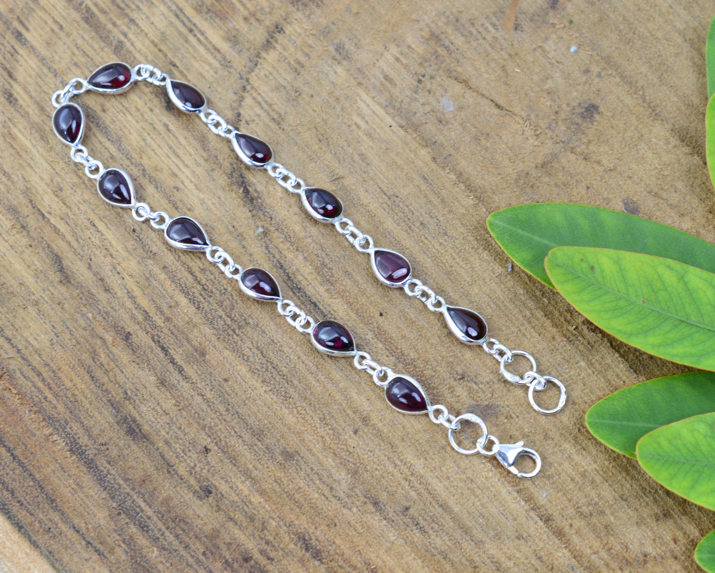 925 SOLID STERLING SILVER Red GARNET HANDMADE BRACELET -8.1 INCH