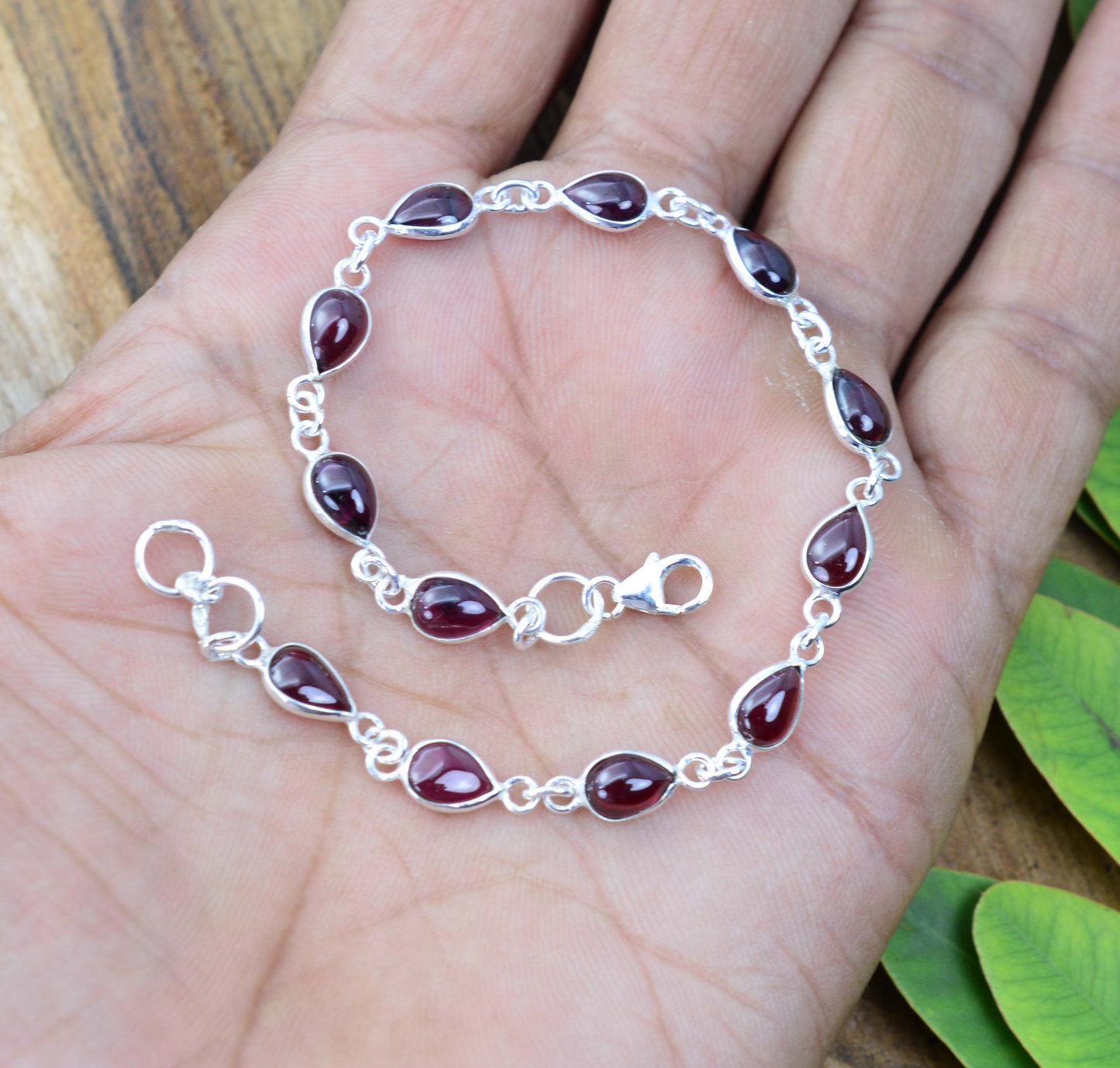 925 SOLID STERLING SILVER Red GARNET HANDMADE BRACELET -8.1 INCH