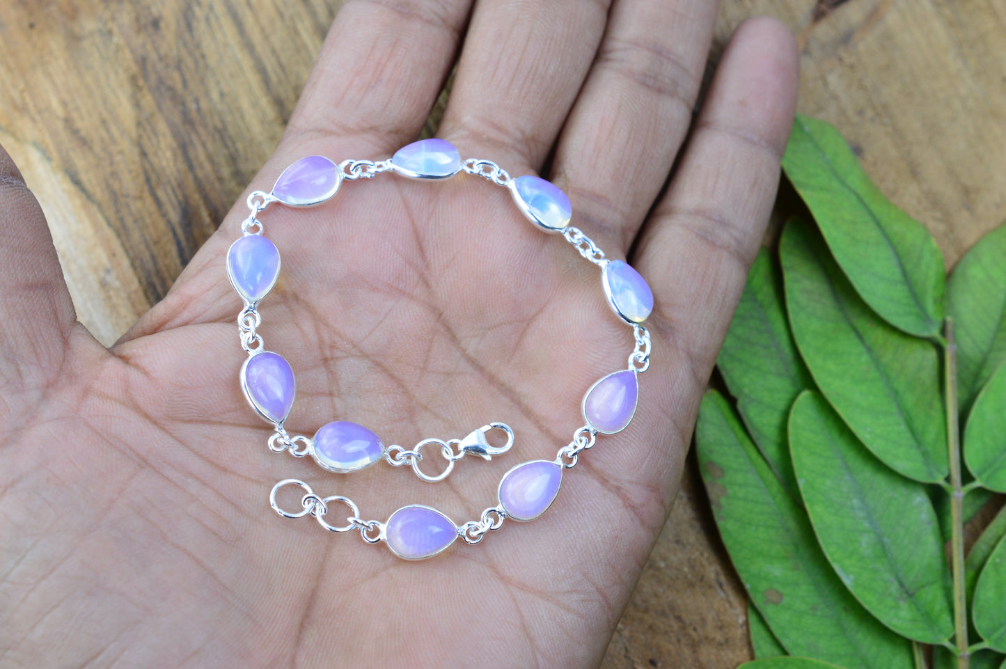 925 SOLID STERLING SILVER MILKY OPALITE HANDMADE BRACELET - 8.3 INCH