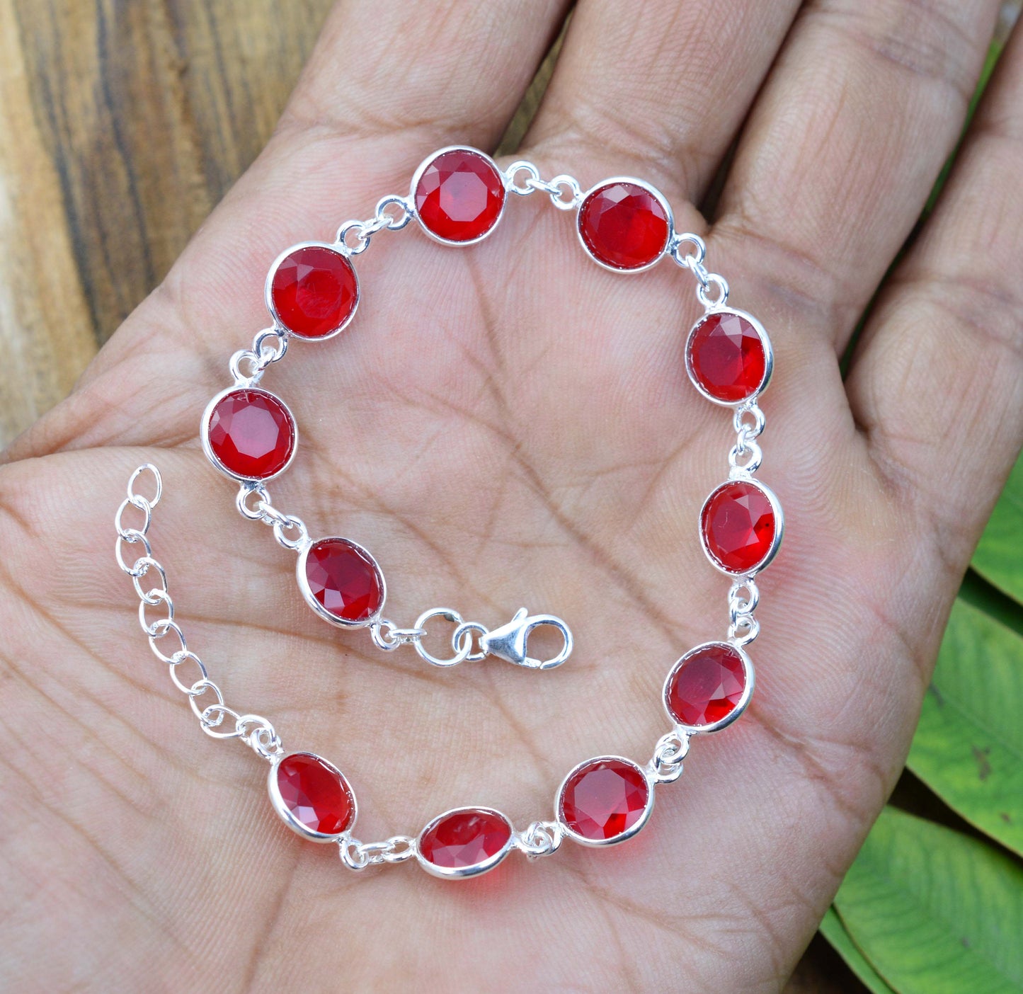 925 SOLID STERLING CUT Simulated Ruby QUARTZ HANDMADE BRACELET -8.5 INCH