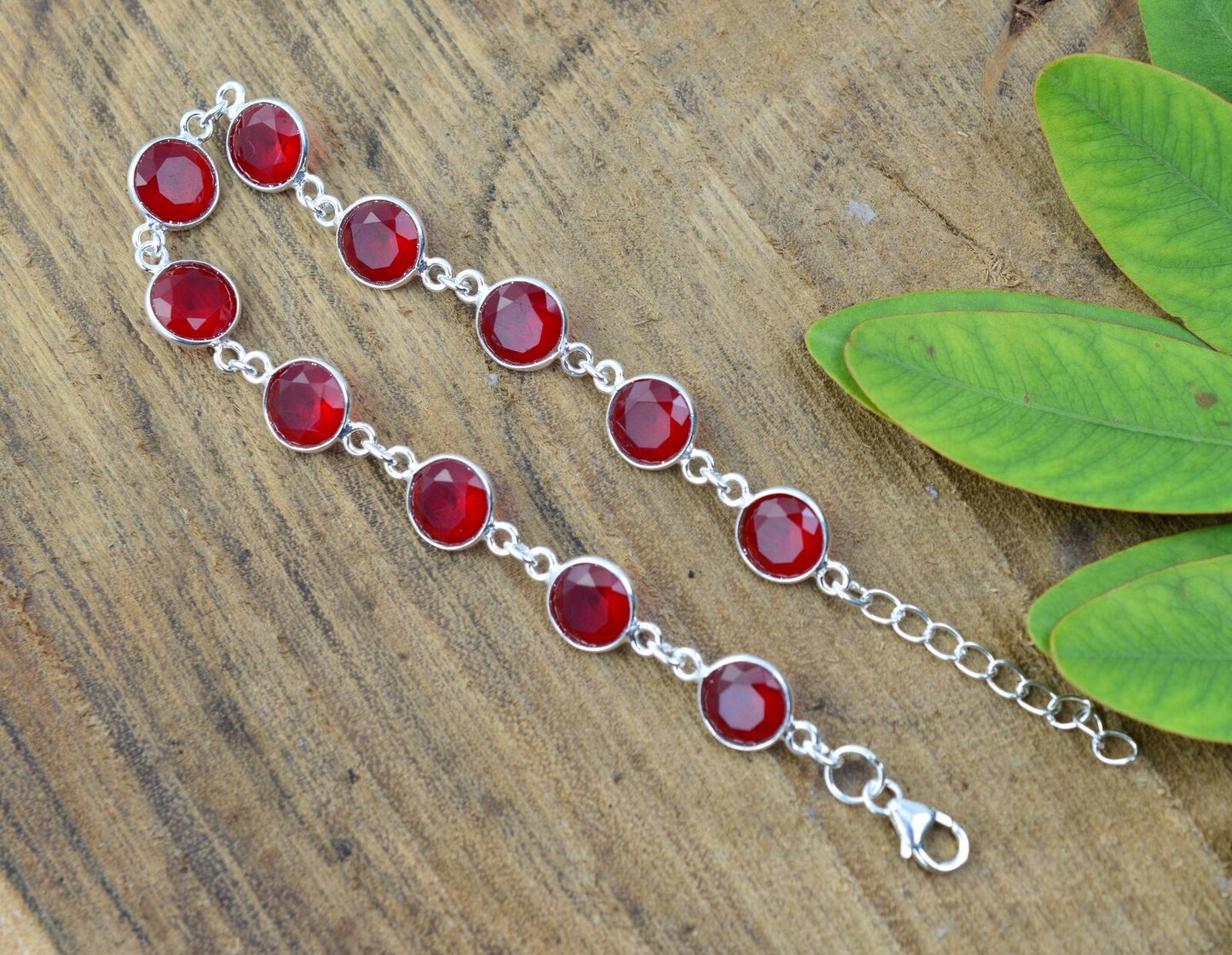 925 SOLID STERLING CUT Simulated Ruby QUARTZ HANDMADE BRACELET -8.5 INCH