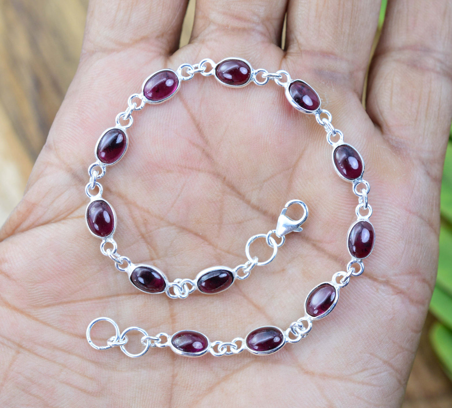 925 SOLID STERLING SILVER Red GARNET HANDMADE BRACELET - 8.1 INCH