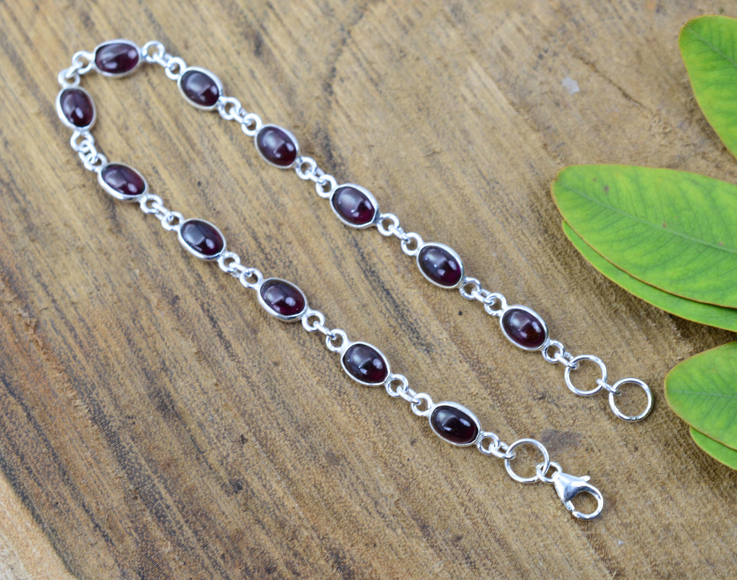 925 SOLID STERLING SILVER Red GARNET HANDMADE BRACELET -8.1 INCH