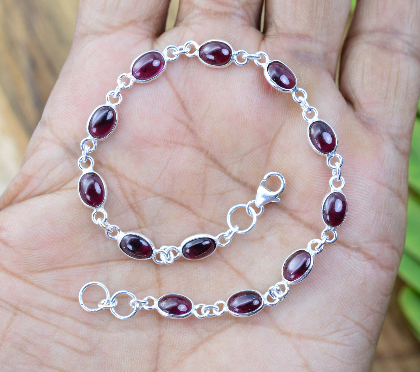 925 SOLID STERLING SILVER Red GARNET HANDMADE BRACELET -8.1 INCH