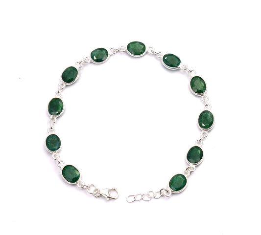 925 SOLID STERLING SILVER Simulated Emerald HANDMADE BRACELET- 8 INCH