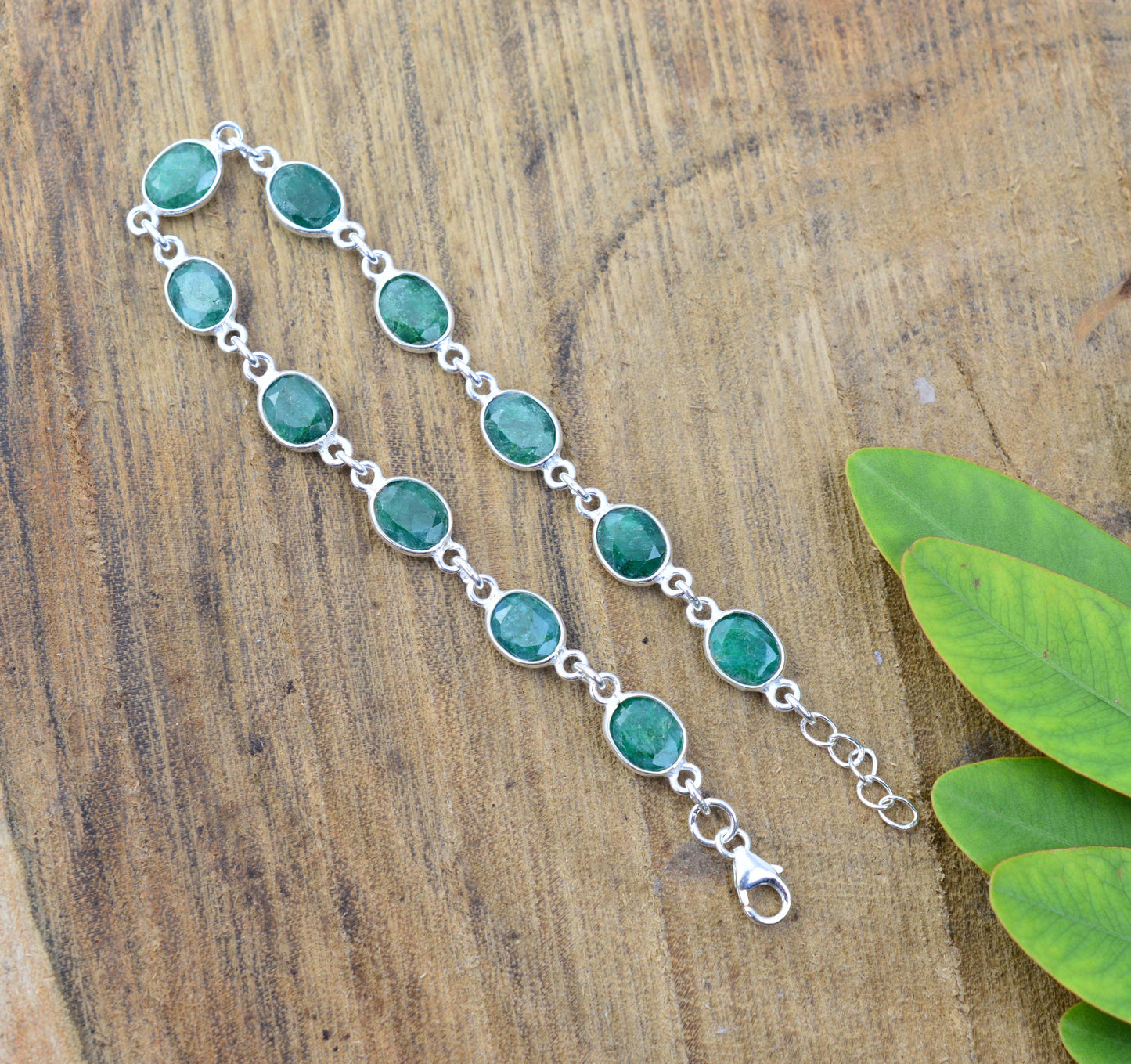 925 SOLID STERLING SILVER Simulated Emerald HANDMADE BRACELET- 8 INCH