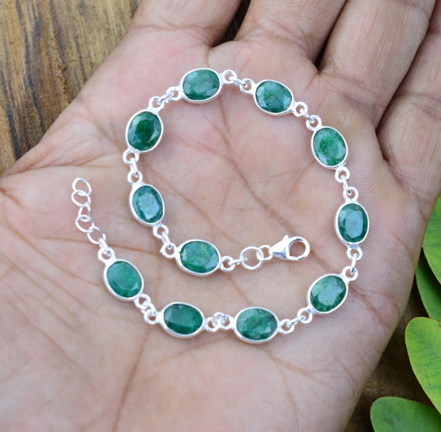 925 SOLID STERLING SILVER Simulated Emerald HANDMADE BRACELET- 8 INCH
