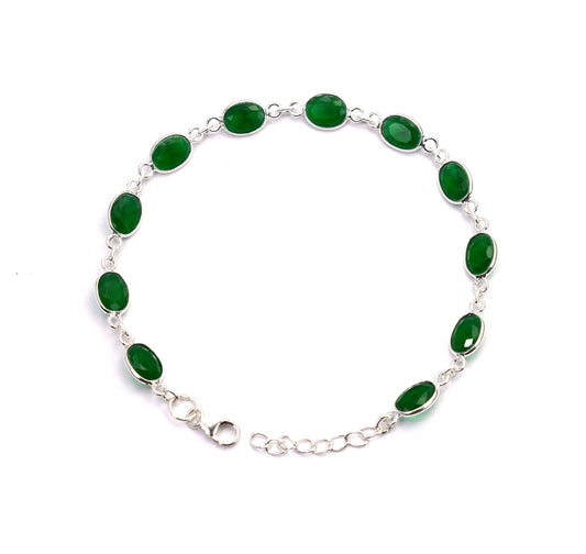 925 SOLID STERLING SILVER CUT Simulated Emerald HANDMADE BRACELET - 8.5 INCH