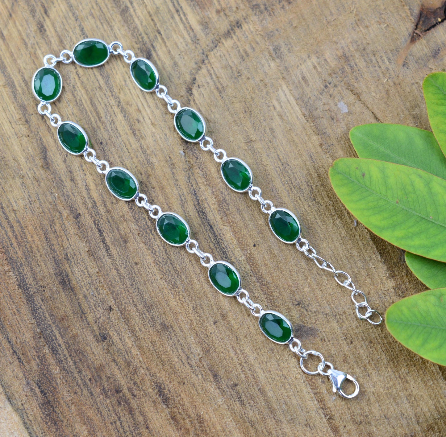 925 SOLID STERLING SILVER CUT Simulated Emerald HANDMADE BRACELET - 8.5 INCH