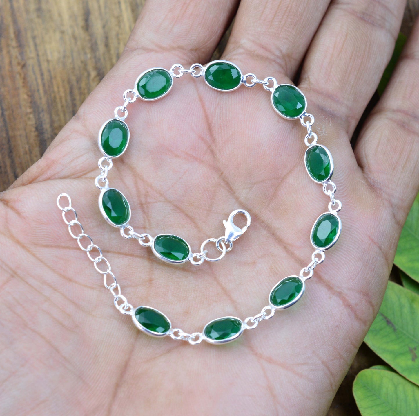 925 SOLID STERLING SILVER CUT Simulated Emerald HANDMADE BRACELET - 8.5 INCH
