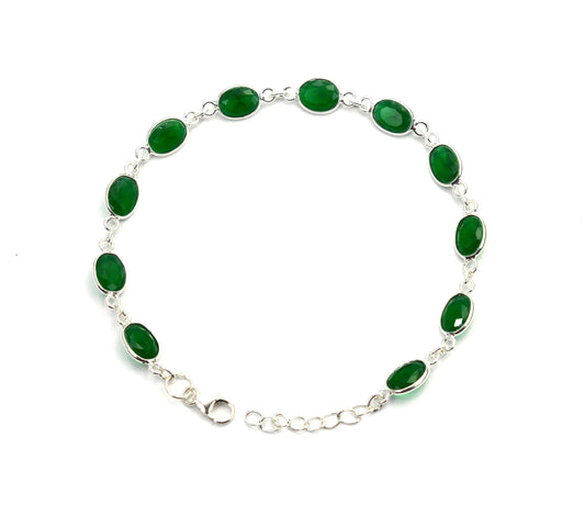 925 SOLID STERLING SILVER Simulated Emerald HANDMADE BRACELET-8.5 INCH