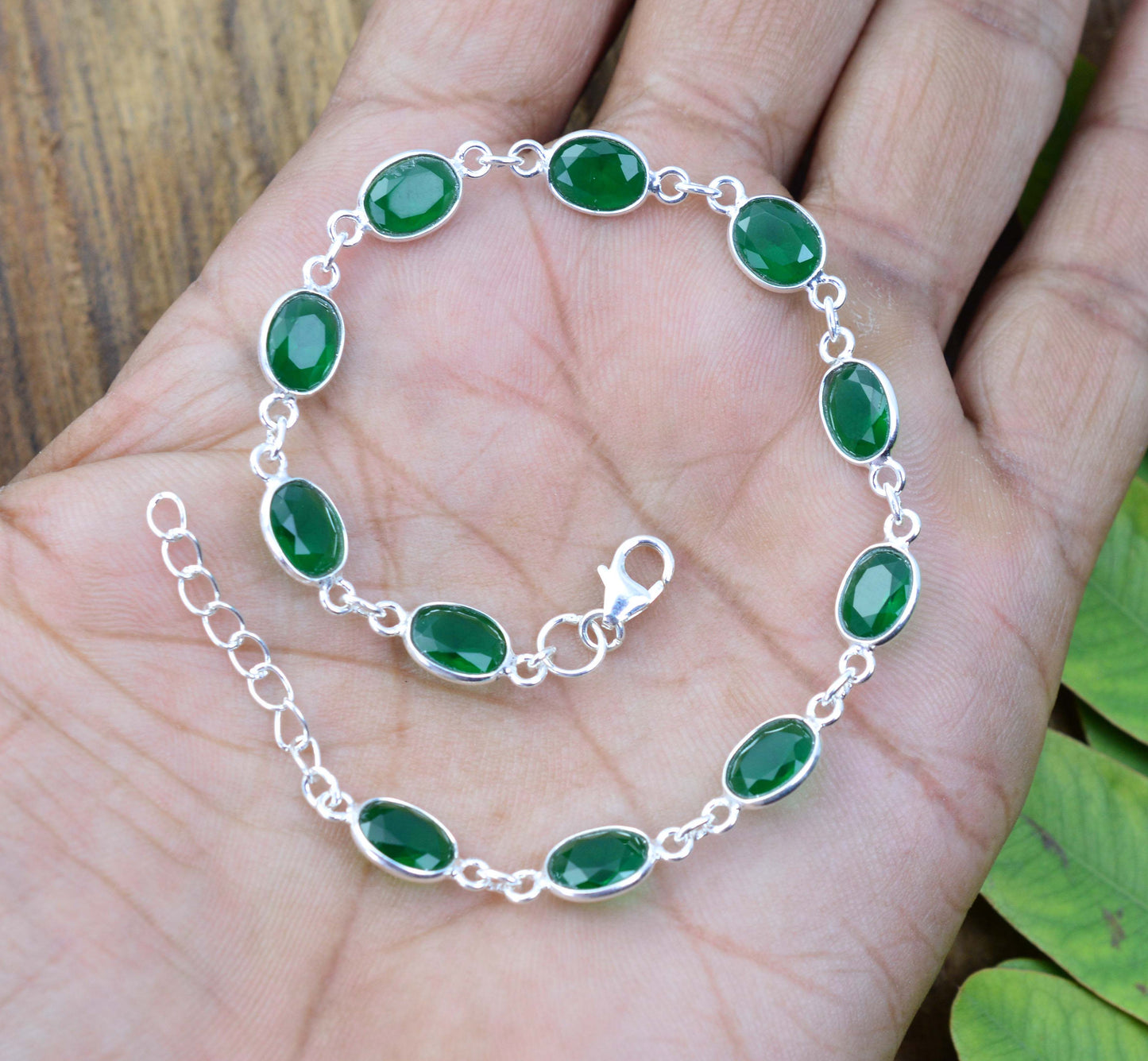 925 SOLID STERLING SILVER Simulated Emerald HANDMADE BRACELET-8.5 INCH