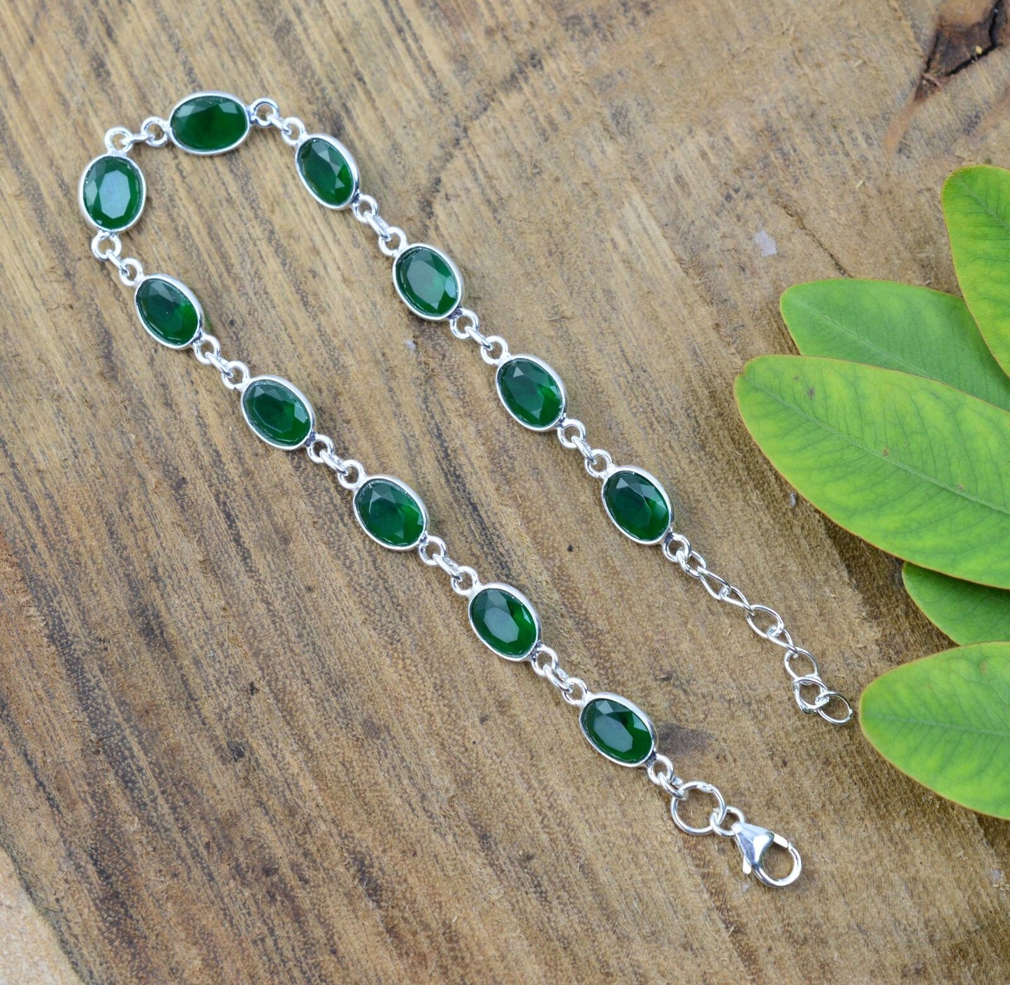 925 SOLID STERLING SILVER Simulated Emerald HANDMADE BRACELET-8.5 INCH