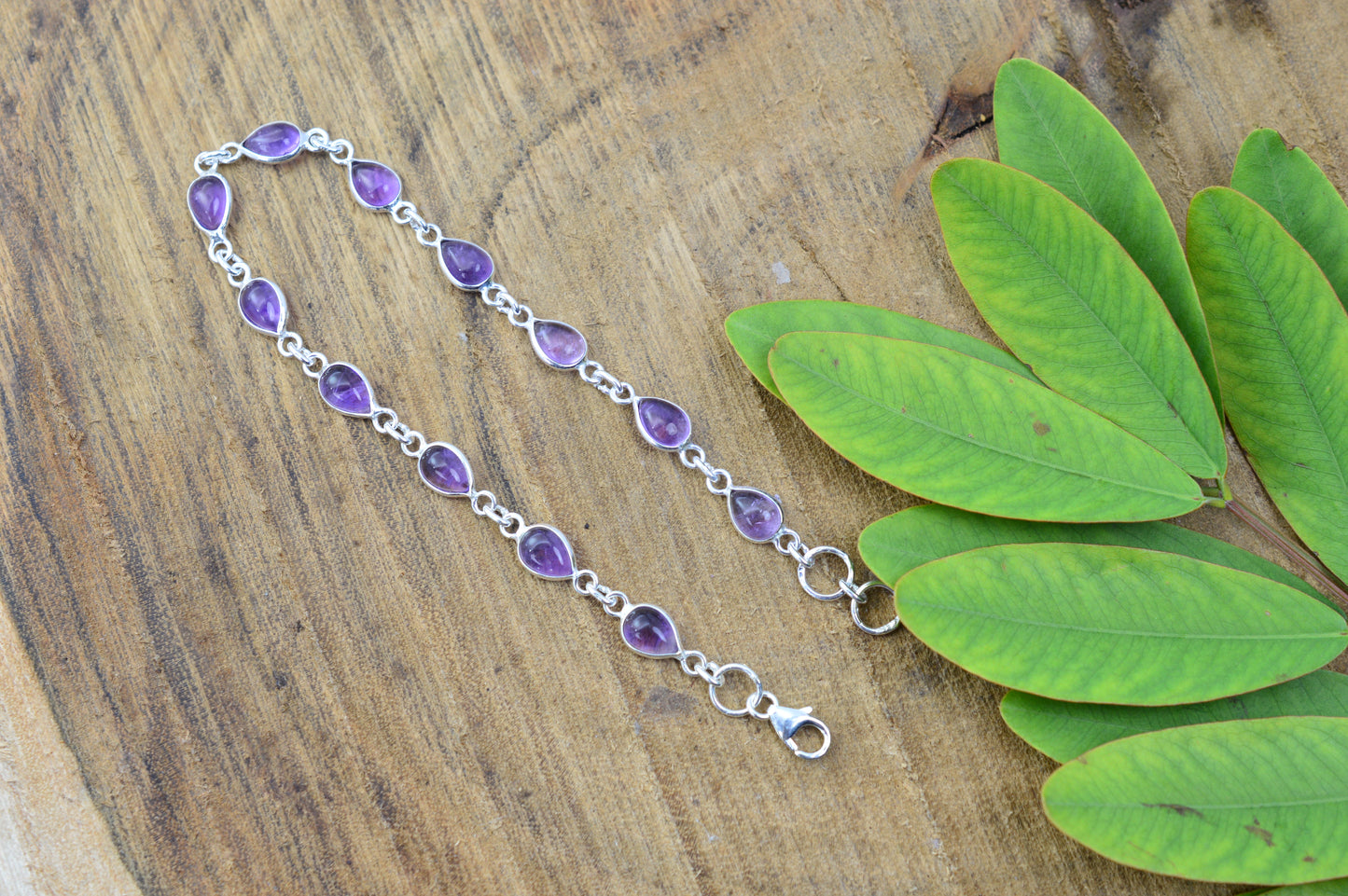 925 SOLID STERLING SILVER PURPLE AMETHYST HANDMADE BRACELET - 8.2 INCH