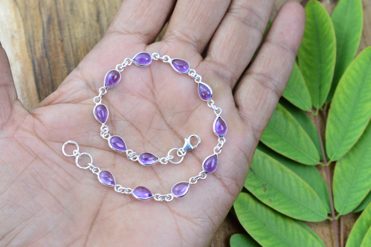 925 SOLID STERLING SILVER PURPLE AMETHYST HANDMADE BRACELET - 8.2 INCH