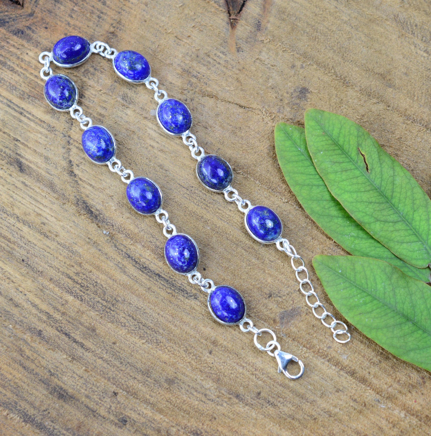 925 SOLID STERLING SILVER BLUE LAPIS LAZULI HANDMADE BRACELET-8.7 IN