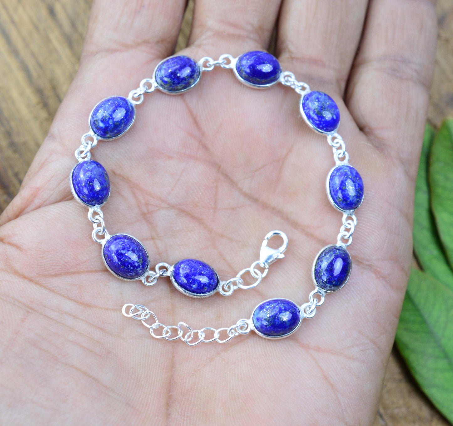 925 SOLID STERLING SILVER BLUE LAPIS LAZULI HANDMADE BRACELET-8.7 IN